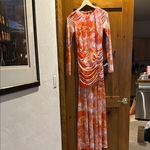 Lulu's orange/Pink Ruched Long Sleeve Bodycon Dress full leg slit. NWT